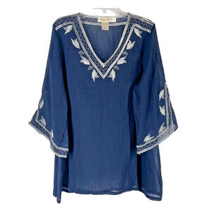 Urban Mangoz Womens Top Med Blue and Metallic Silver Embroidered Sheer Gauze Top
